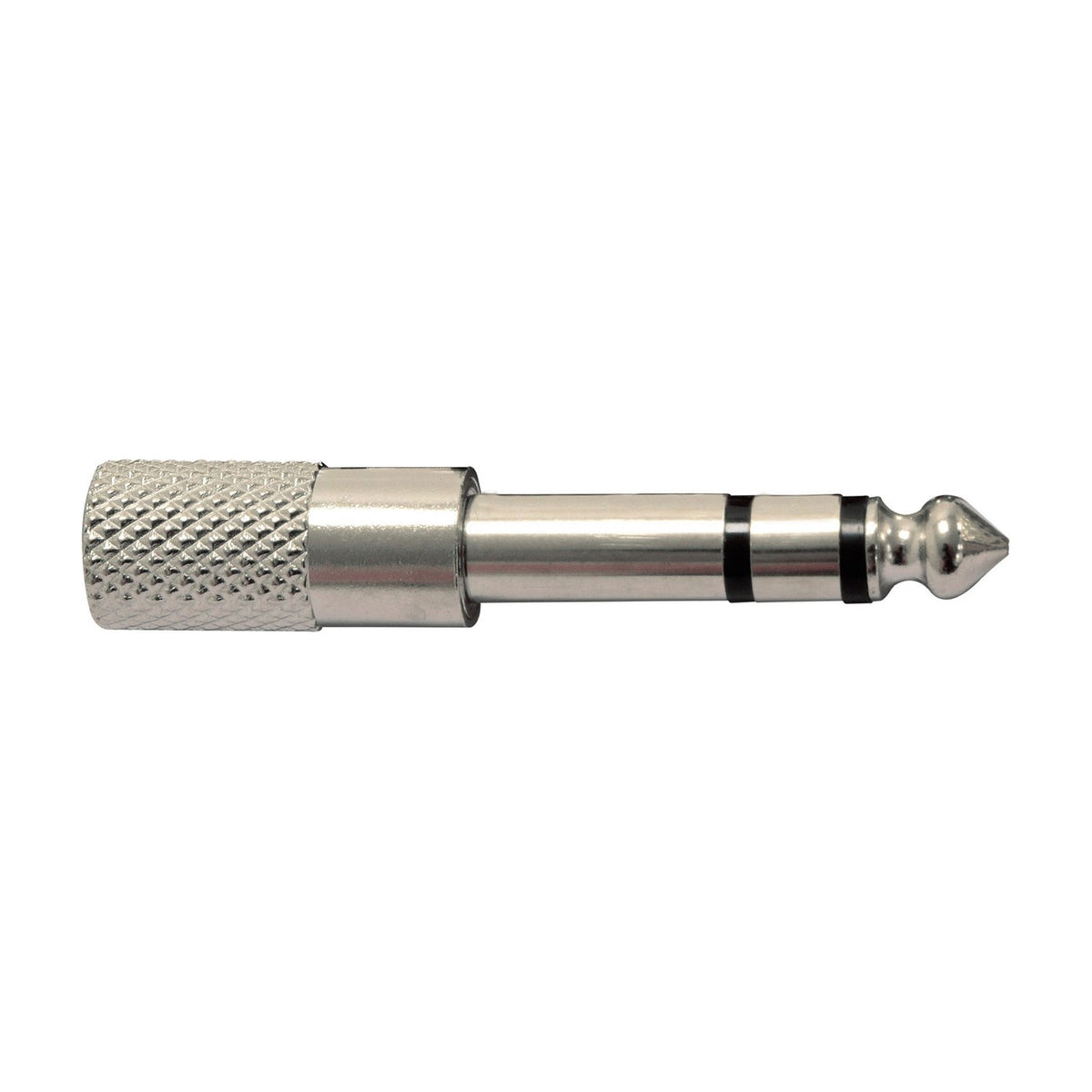 QTX 6.3mm jack plug to 3.5mm stereo socket adaptor by AVSL, nickel-plated metal body with knurled grip barrel, shown on a plain white background.