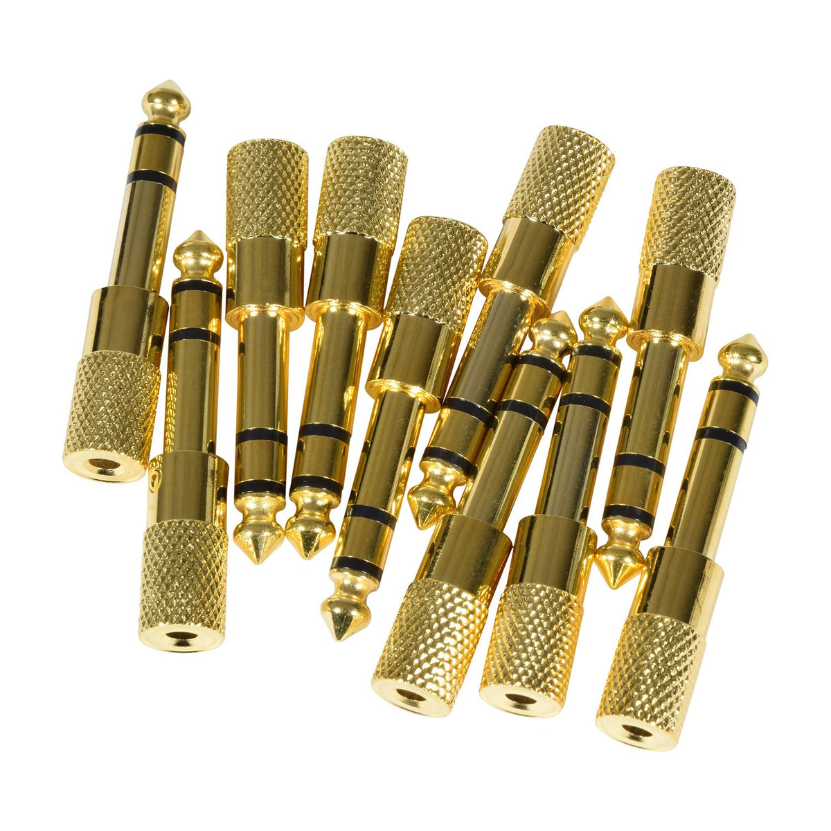 Group of QTX 6.3mm stereo jack plug to 3.5mm stereo jack socket adaptors with gold-plated metal bodies and knurled grips, arranged on a white background.