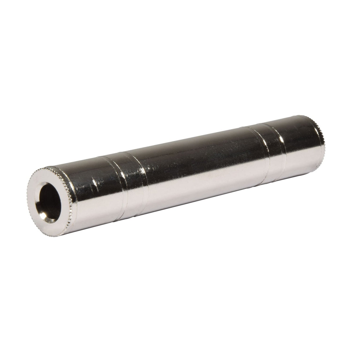 QTX 6.3mm stereo jack socket to socket coupler by AVSL, a chrome metal inline connector with knurled female TRS ends, shown on a white background.