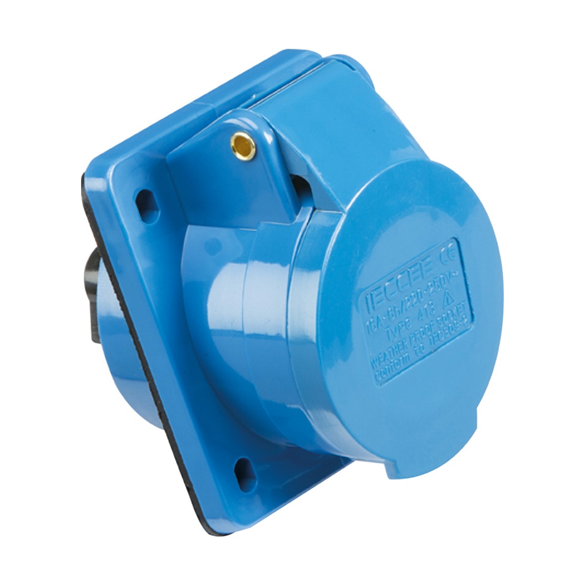 The 16A 2 Pole Earth Angled Panel Mount Socket - Blue is an IP44-rated, surface-mount socket with a blue flip-up cover and a rectangular base with screw holes for easy installation, ensuring protection of the 240V 16A socket when closed.