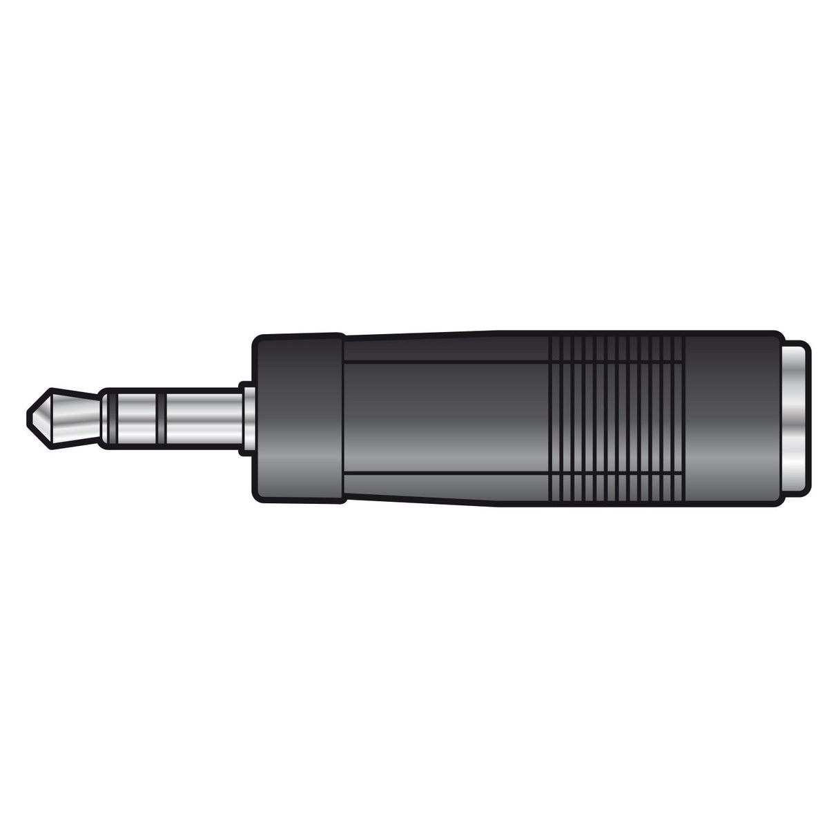 Depiction of the QTX Adaptor 3.5mm Stereo Jack Plug - 6.3mm Stereo Socket. The metal plug is positioned on the left, enhancing the black plastic grip with ridges on the right. Presented simply against a pristine white background, it shares an aesthetic resemblance with typical headphone adaptors.