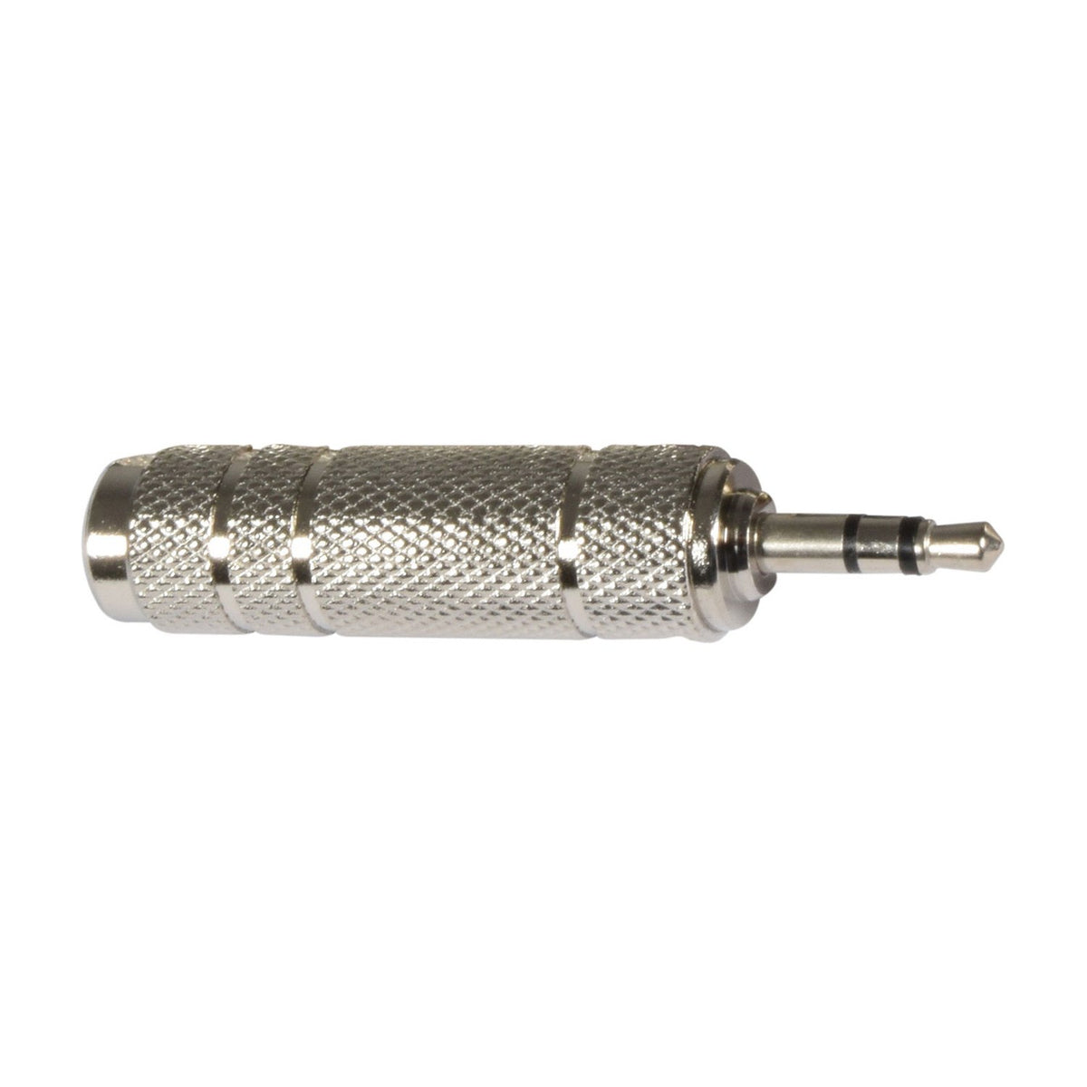 QTX 3.5mm to 6.3mm stereo jack adaptor by AVSL with knurled silver metal barrel and 3.5mm plug, shown on a plain white background.