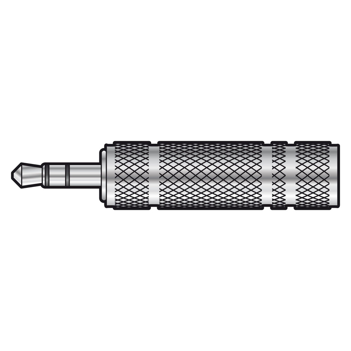 Depiction of the QTX Adaptor 3.5mm Stereo Plug - 6.3mm Stereo Socket, featuring a metallic finish and a textured grip, side view against a white background, ideal for seamless connection with your headphone adapter.