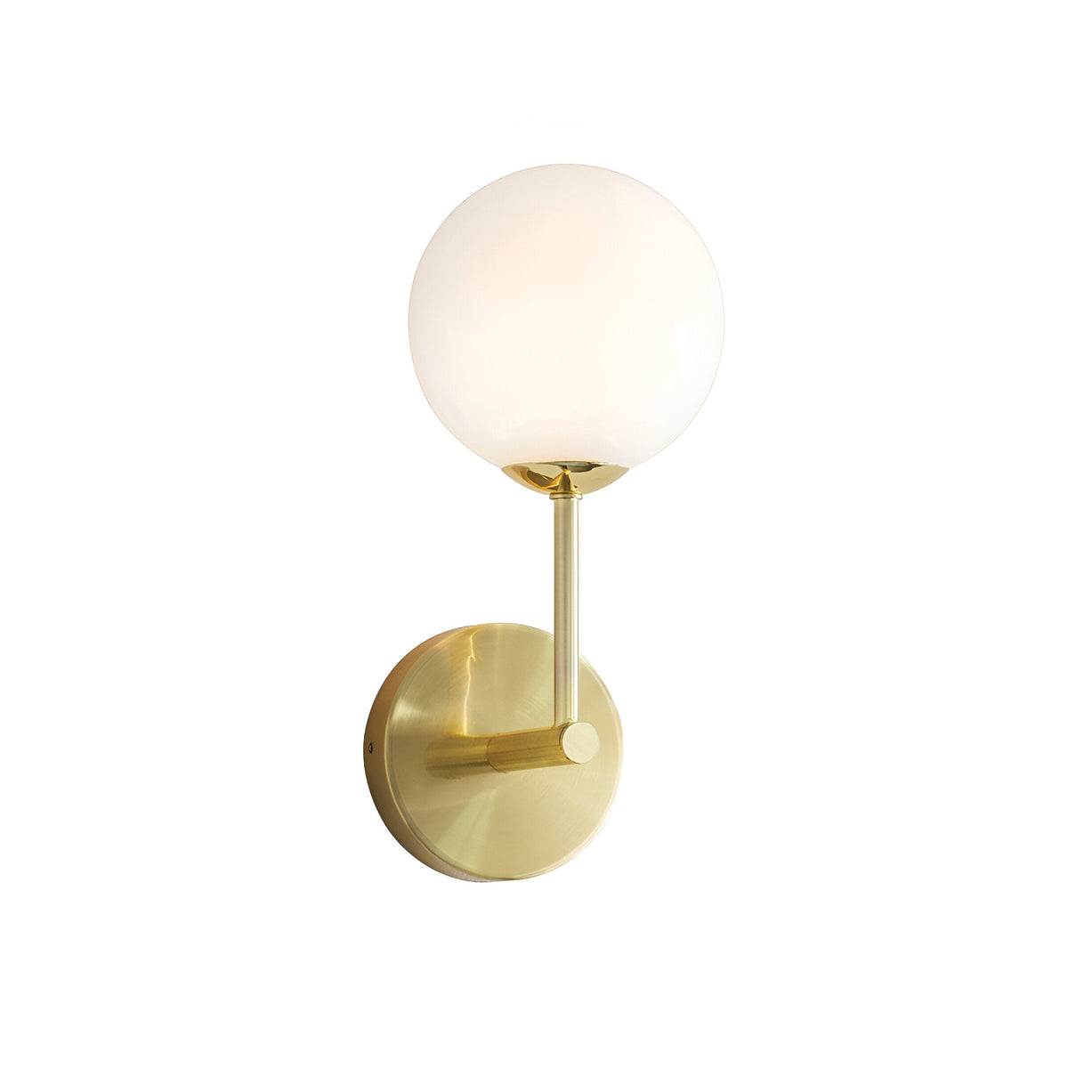 Endon Sinclair wall light with opal glass globe shade on brushed brass stem and round backplate, shown on a plain white background.