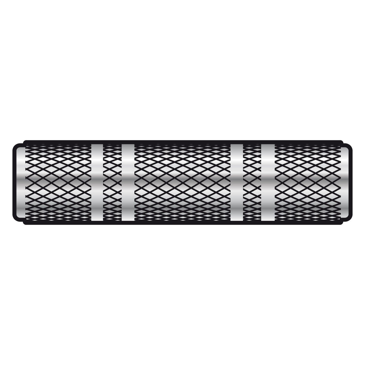 An illustration of a QTX Coupler 3.5mm Stereo Socket, showcasing its cylindrical design with a black crosshatch pattern and ringed silver accents intermittently placed along the surface. The mesh-like design adds to its textured appearance against the white background.