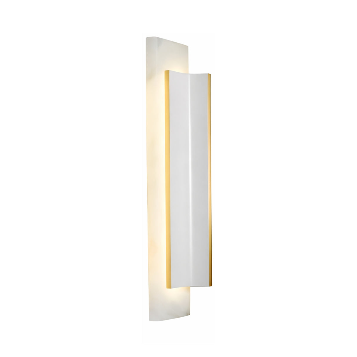 The Velorin LED Large Compact Alabaster Wall Light features a modern vertical design with a soft white curved panel and subtle brass edges, perfect for contemporary spaces.