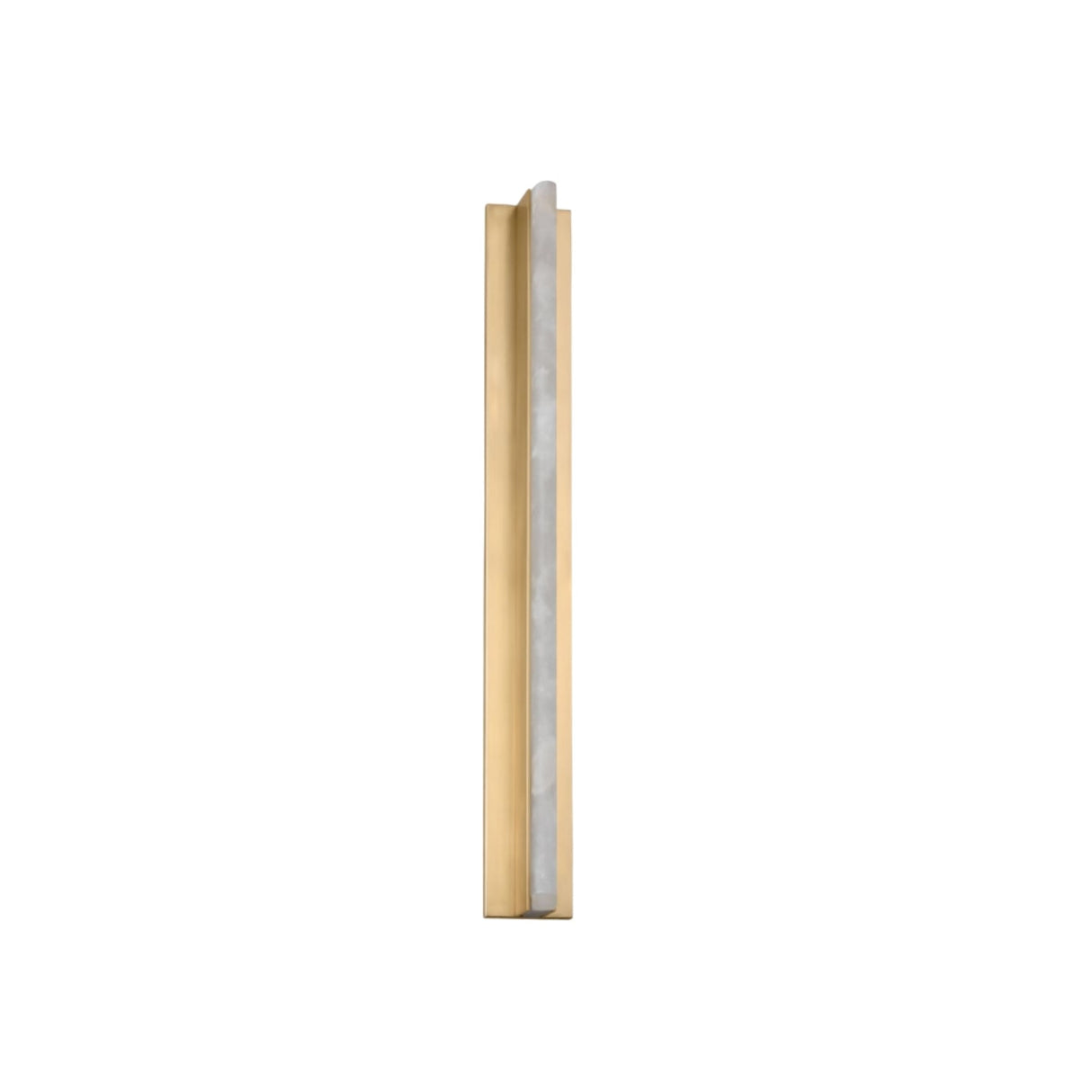 The Elvaris LED Large Vertical Alabaster Wall Light in brushed brass and soft white features a gold metal base and frosted diffuser, adding modern elegance as shown against a white background.