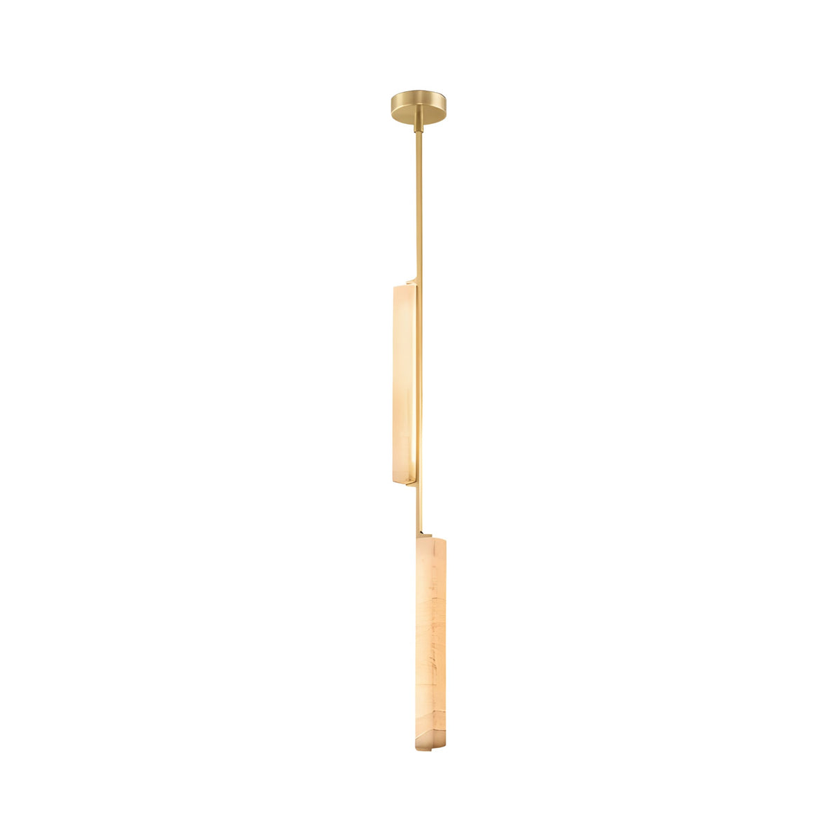 The Selvara LED Vertical Duo Alabaster Single Pendant Light features a slim, brushed brass rod with two soft white, alabaster-inspired panels, suspended from a circular mount for a modern touch.