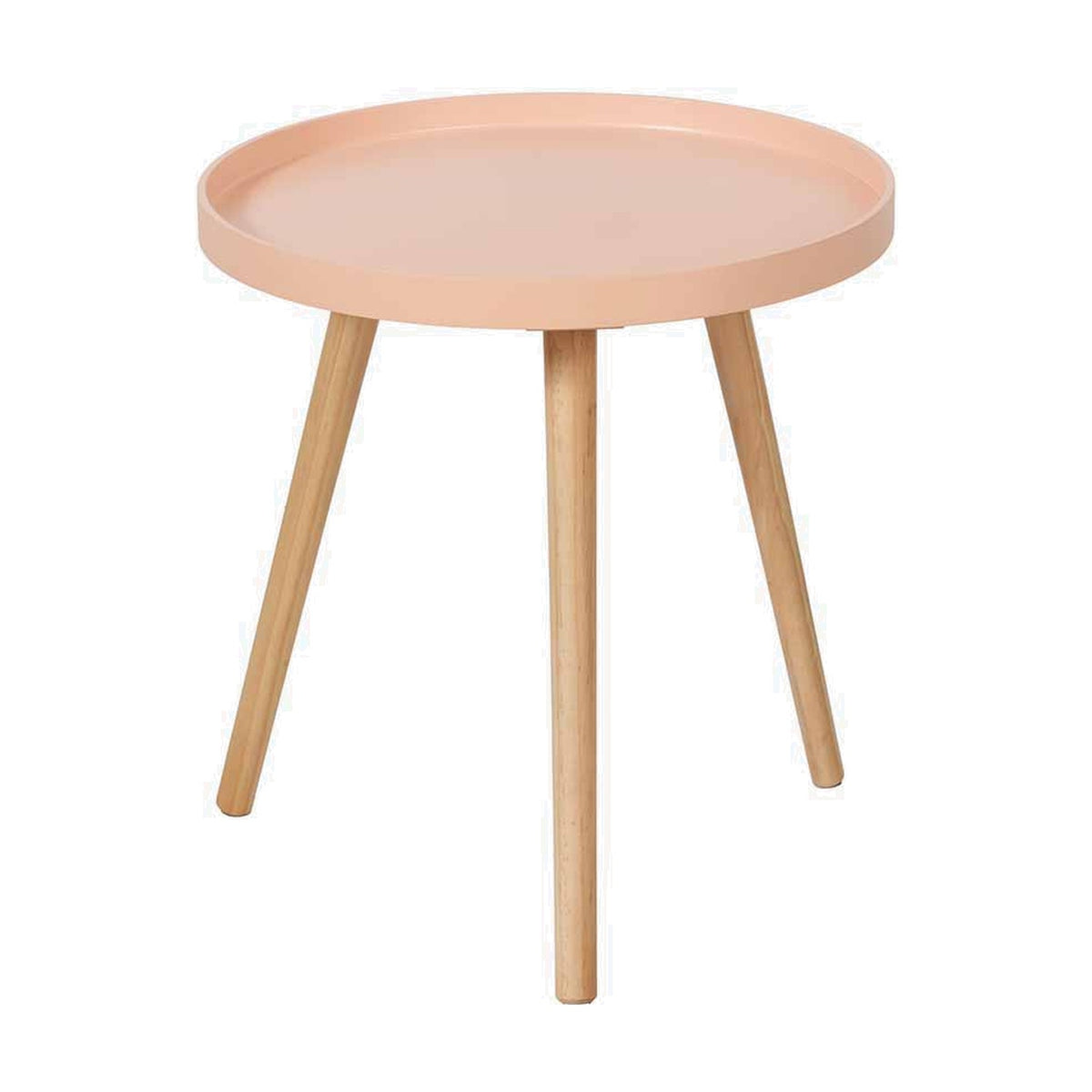 Halston round side table with apricot wood veneer top and three angled pine wooden legs, shown on a plain white background.