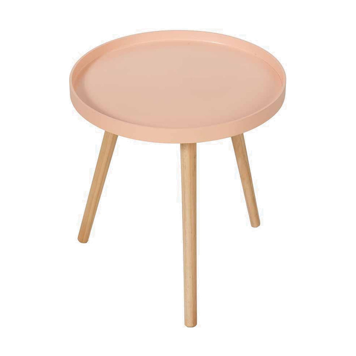 Halston Apricot side table with a round wood veneer tray-style top and three angled pine legs, shown on a plain white background.