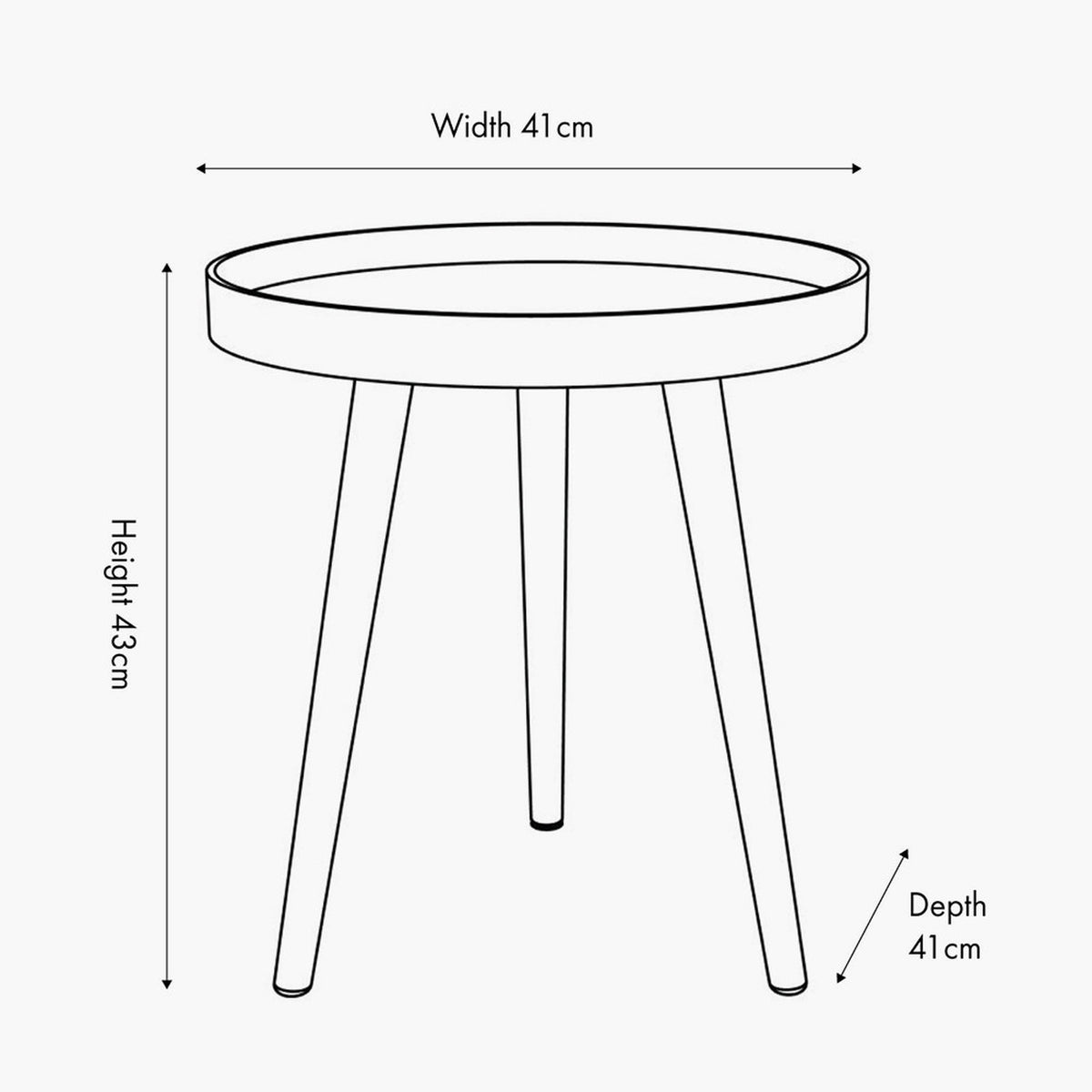 Line drawing of the Halston Apricot Wood Veneer & Pine Side Table showing a round tray-top table on three angled legs, with width, depth and height labelled 41cm, 41cm and 43cm.