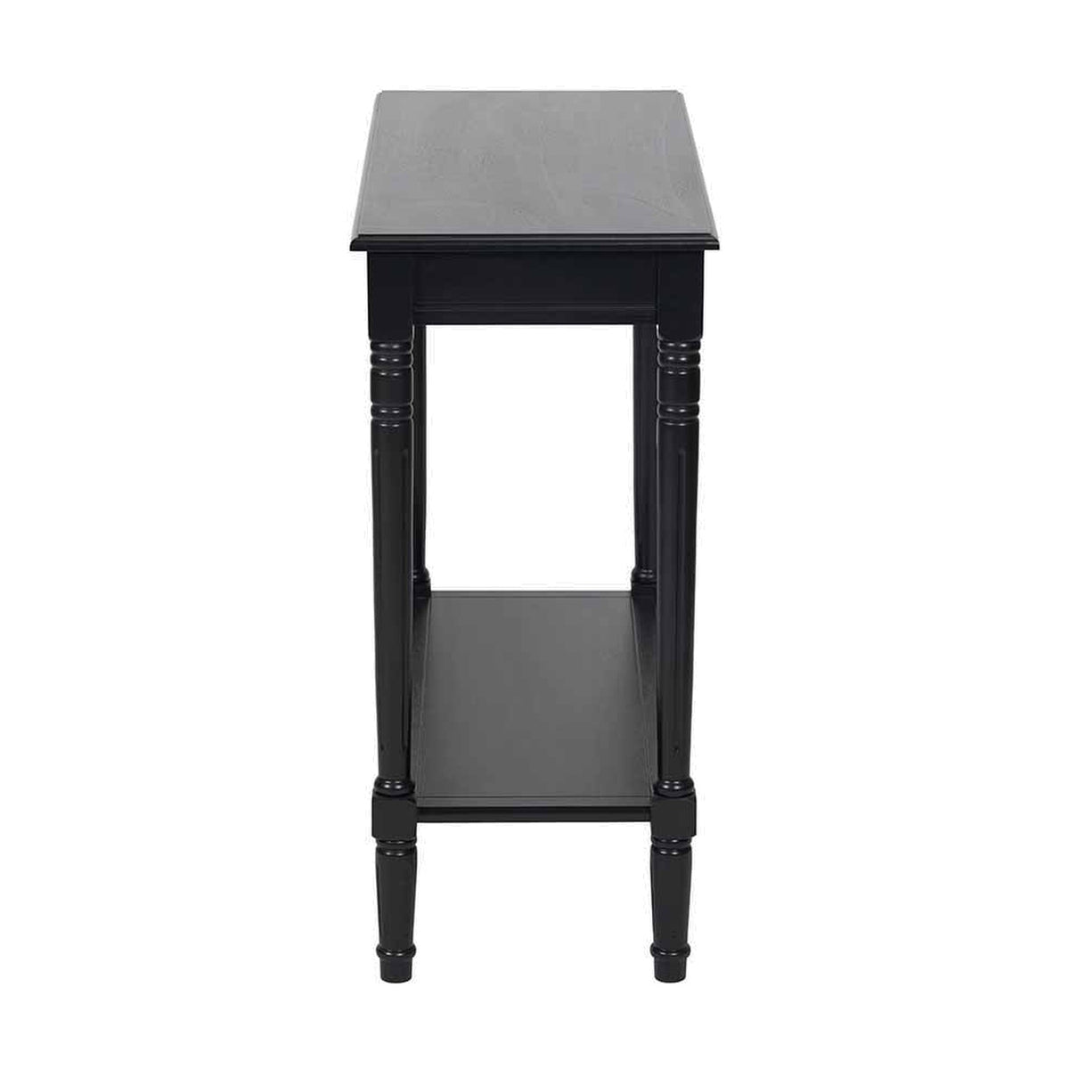 Heritage Black Pine Console Table with rectangular top, turned legs, and lower shelf, shown in black wood finish against a plain white background.