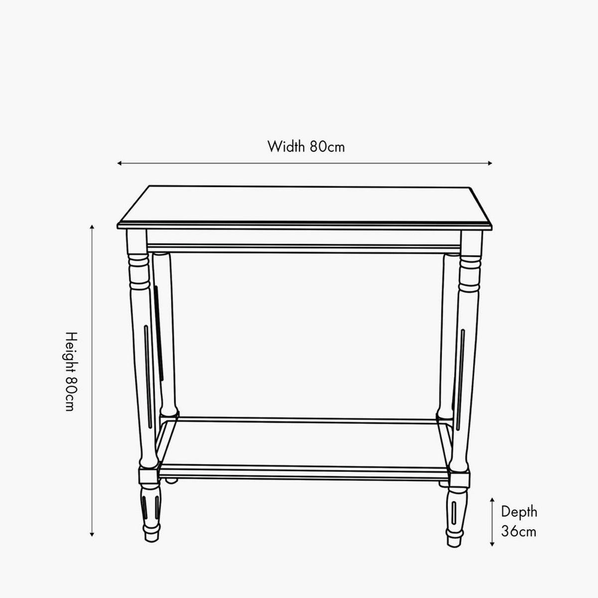 Line drawing of the Heritage Black Pine Console Table showing turned legs, lower shelf, and rectangular top with labelled dimensions: 80cm width, 80cm height, 36cm depth.