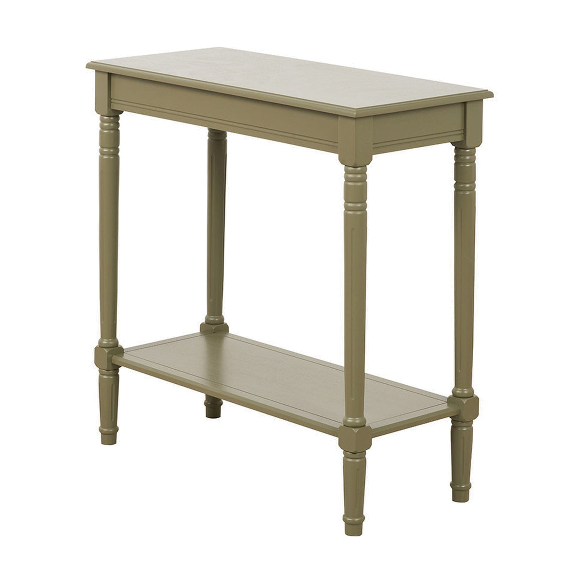 Heritage Olive Pine Console Table with rectangular top, turned legs, and lower shelf in a green wood finish, shown on a plain white background.