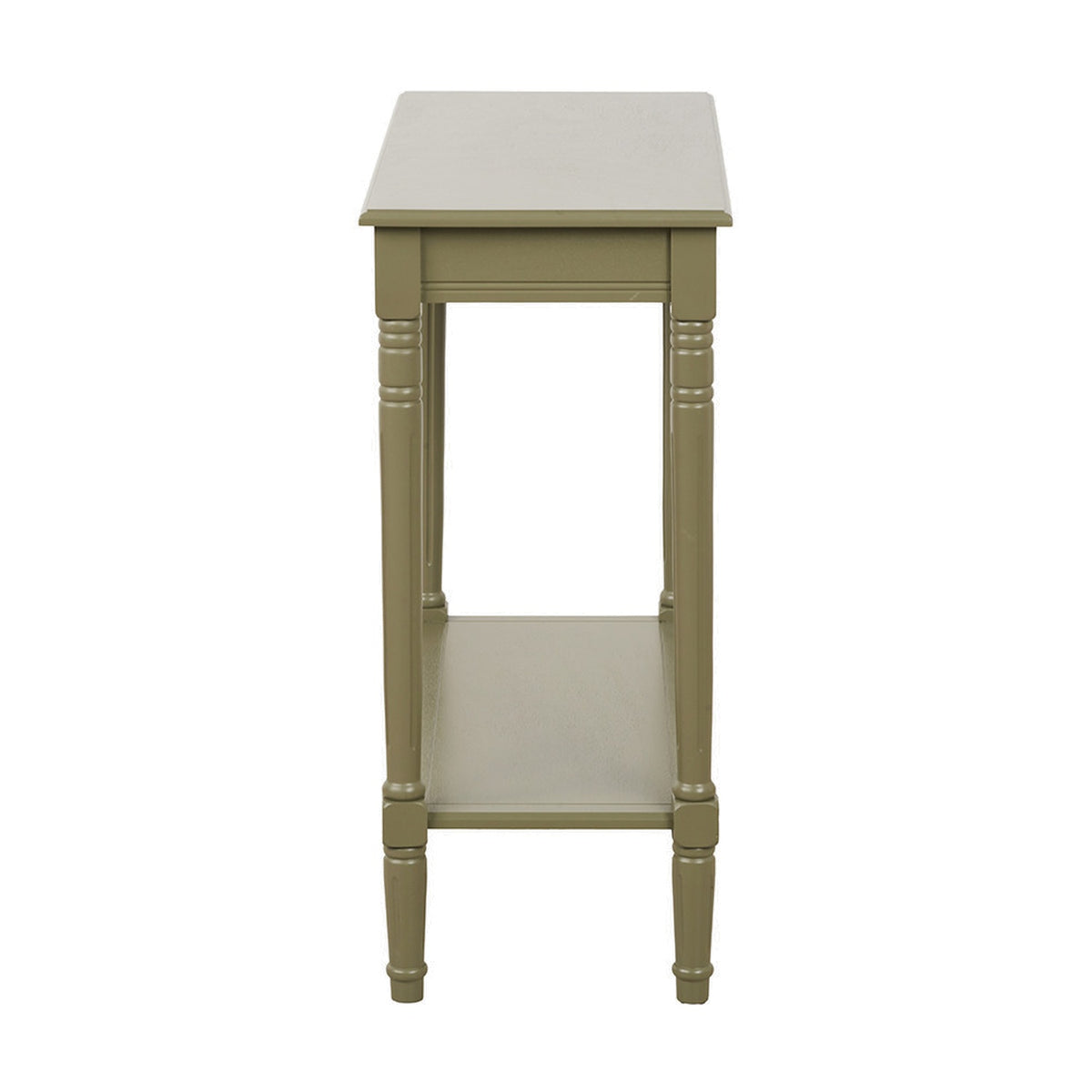 Heritage Olive Pine Console Table, 80cm, narrow rectangular top with turned legs and lower shelf, olive green wood finish, shown against a plain white background.