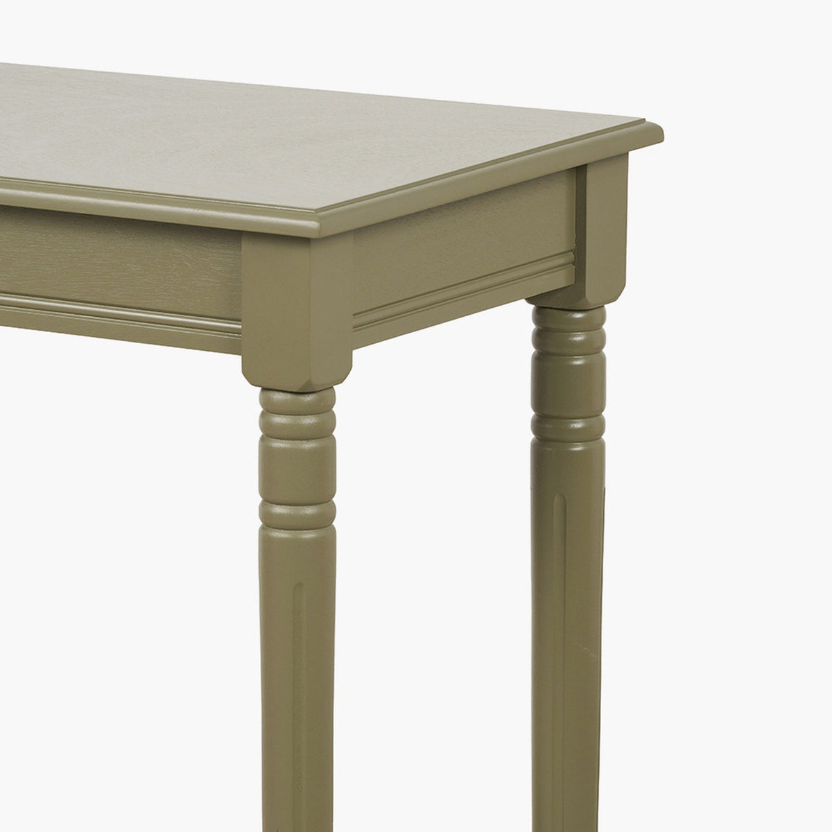 Close-up of the Heritage Olive Pine Console Table's turned wooden legs and apron, showing fluted detailing and a green painted finish against a plain white background.