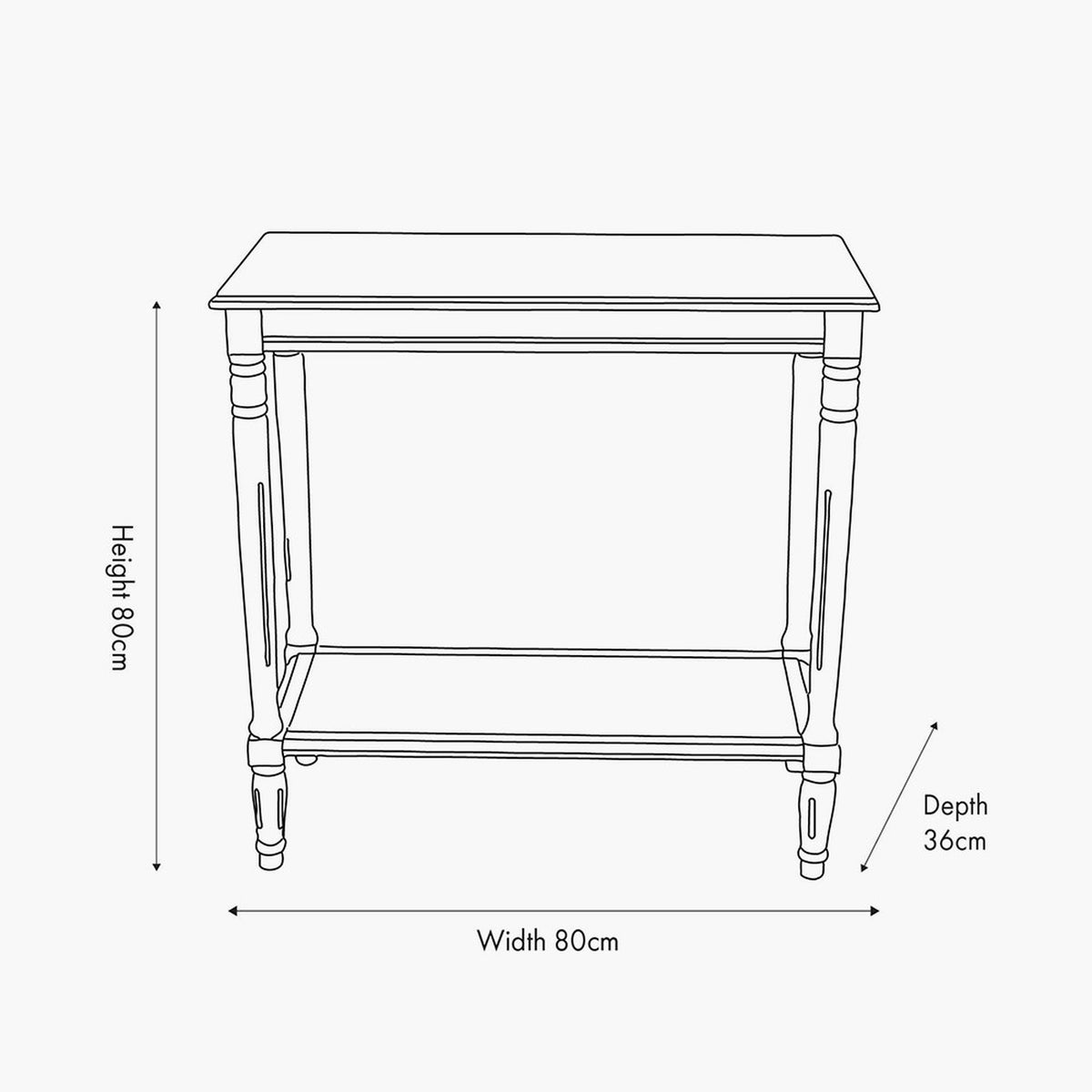 Line drawing of the Heritage Olive Pine Console Table showing turned legs, lower shelf and dimensions of 80cm width, 80cm height and 36cm depth on a plain white background.