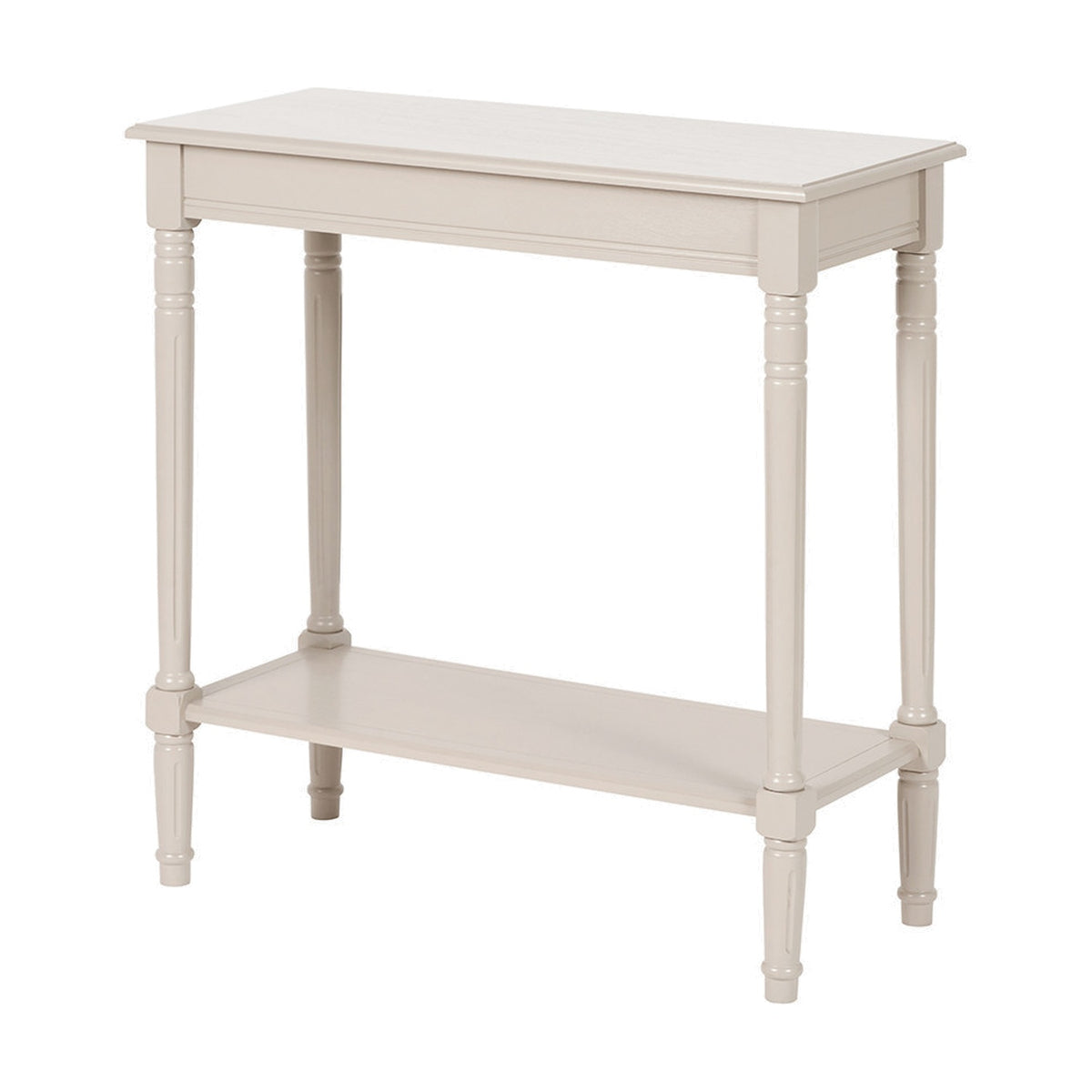 Heritage Putty Pine Console Table with turned legs, rectangular top, and lower shelf, shown in a cream wood finish against a plain white background.