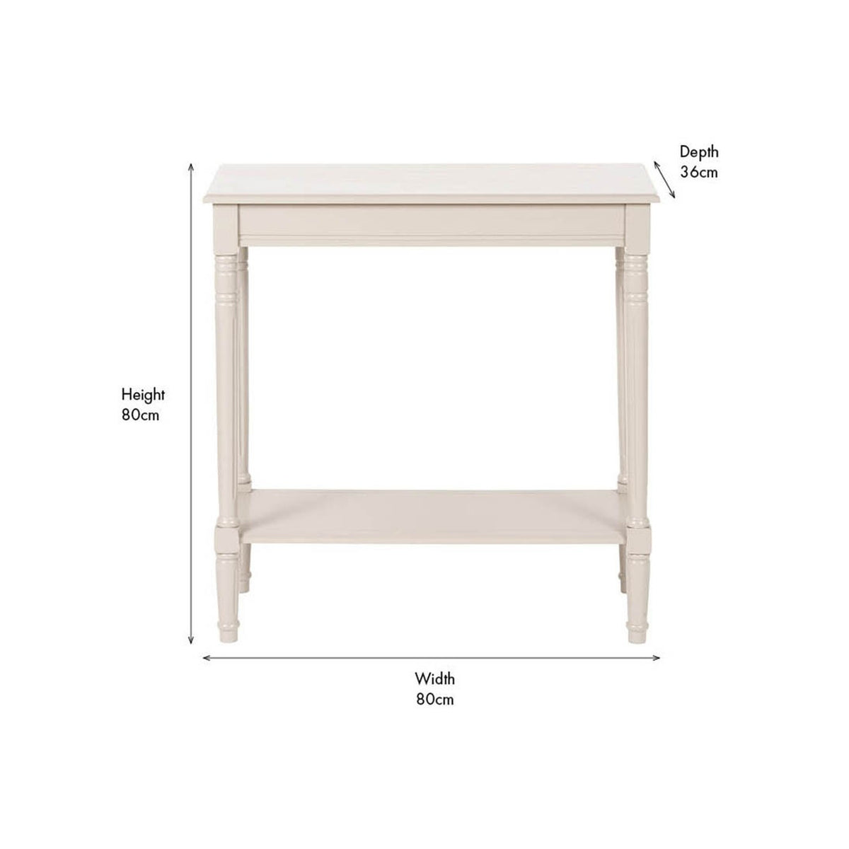 Heritage Putty Pine Console Table with turned legs and lower shelf, cream wood finish, shown with dimensions labelled: height 80cm, width 80cm, depth 36cm, on a plain white background.