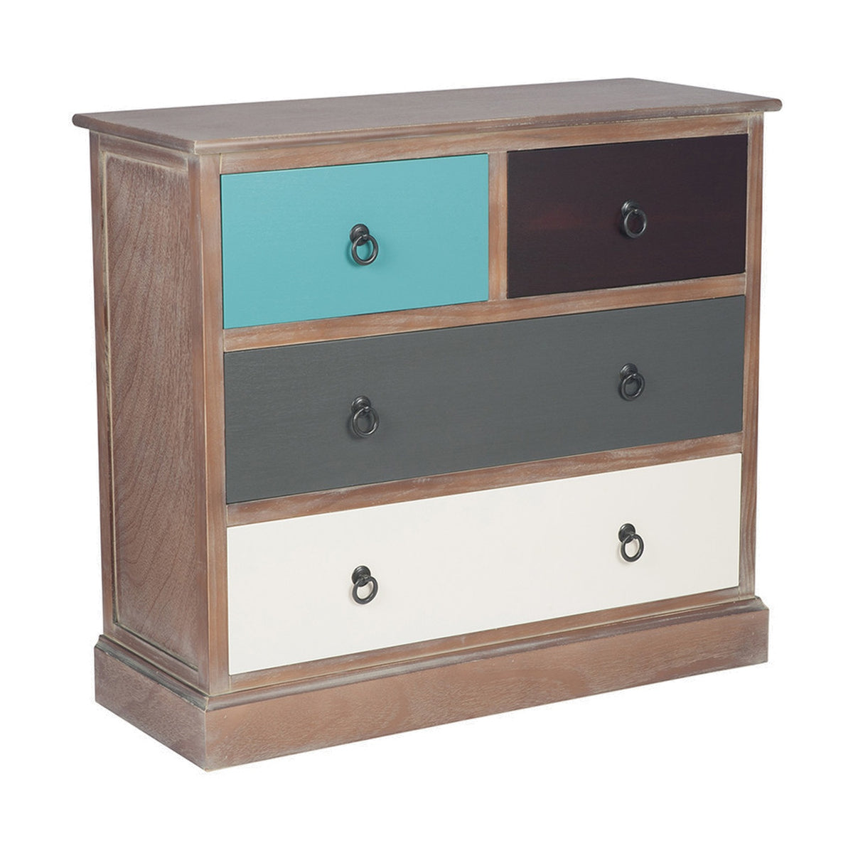 Loft pine chest of 4 drawers, 72cm tall, with mismatched blue, plum, grey and white drawer fronts and black ring handles, shown on a plain white background.
