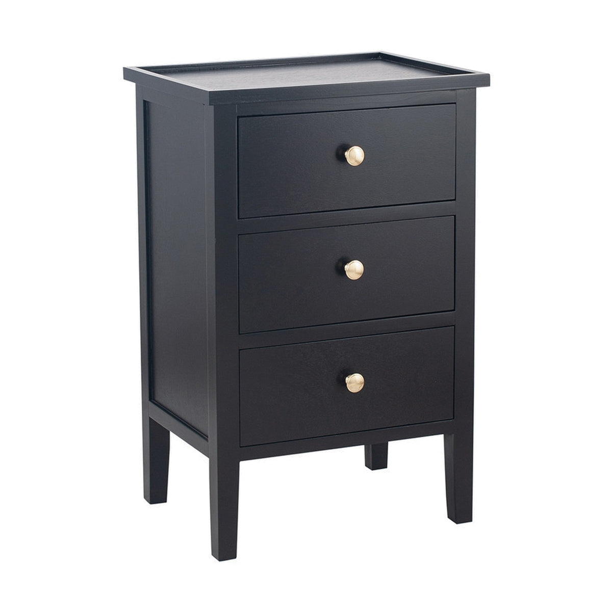 Chelmsford Satin Black Pine 3 Drawer Unit with tray-top surface, tapered legs and brass-tone knobs, shown on a plain white background.