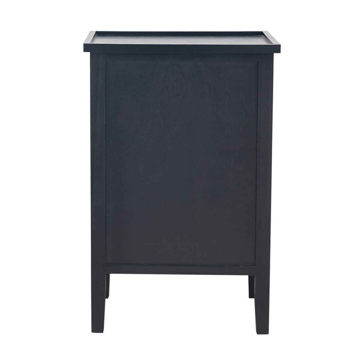 Chelmsford Satin Black Pine 3 Drawer Unit shown from the side, revealing a solid black wood panel, tray-style top and tapered legs on a plain white background.