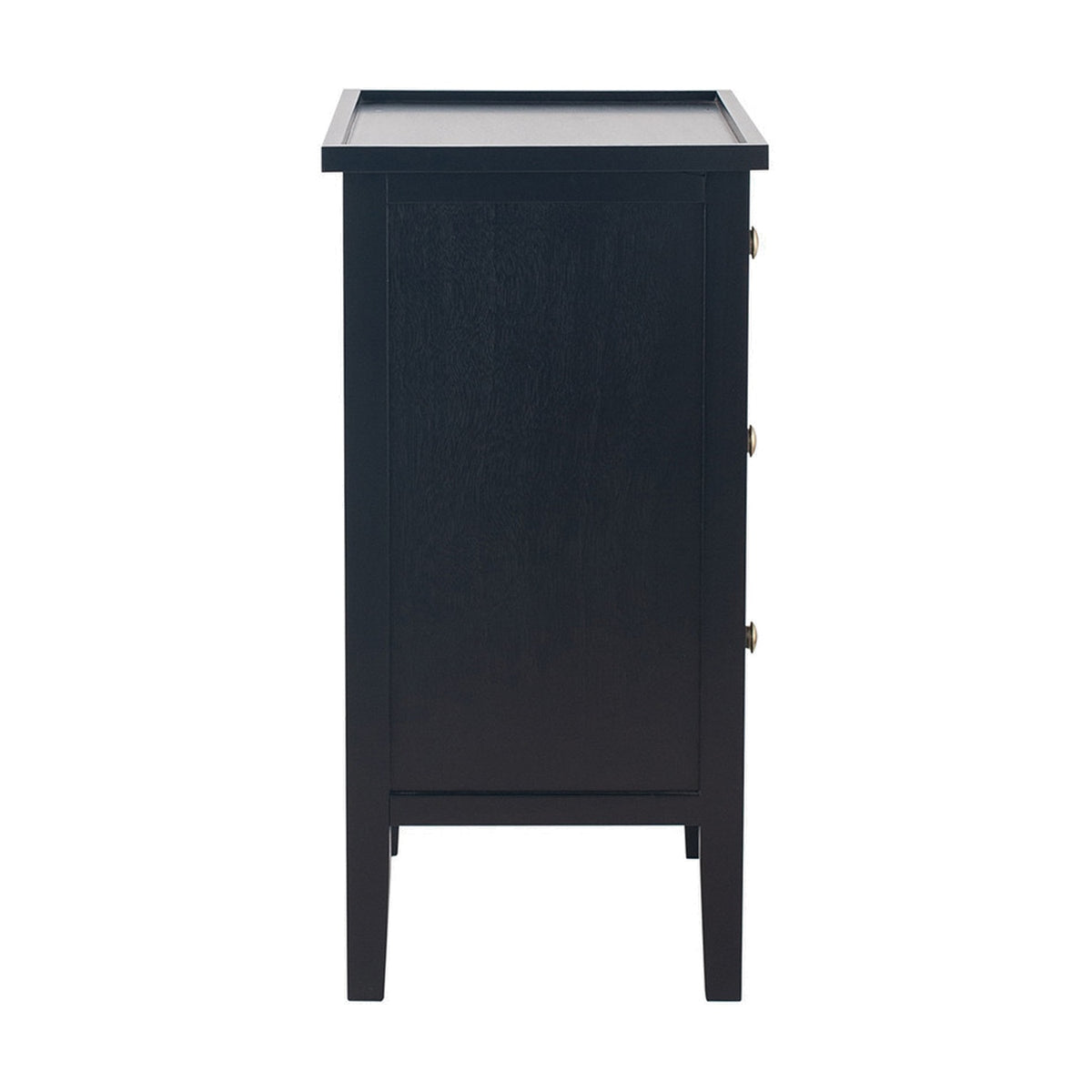 Side view of the Chelmsford satin black pine 3 drawer unit, showing a tray-style top, brass knobs, and tapered legs on a plain white background.