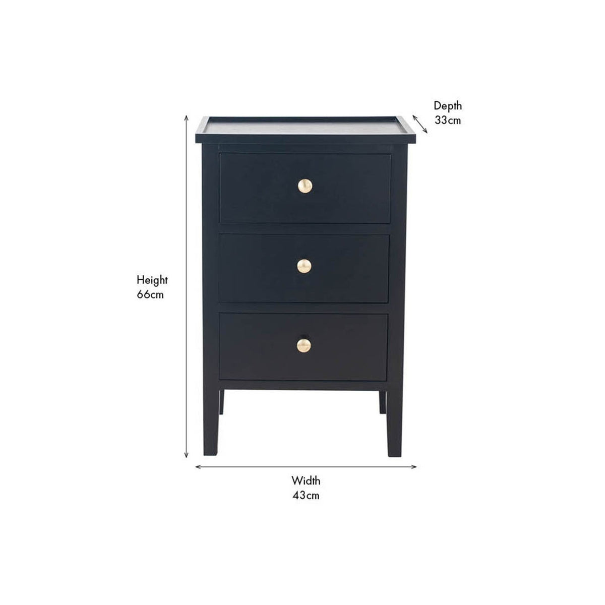 Chelmsford satin black pine 3-drawer chest with gold-tone knobs, on a white background with dimension labels showing 66cm height, 43cm width, 33cm depth.