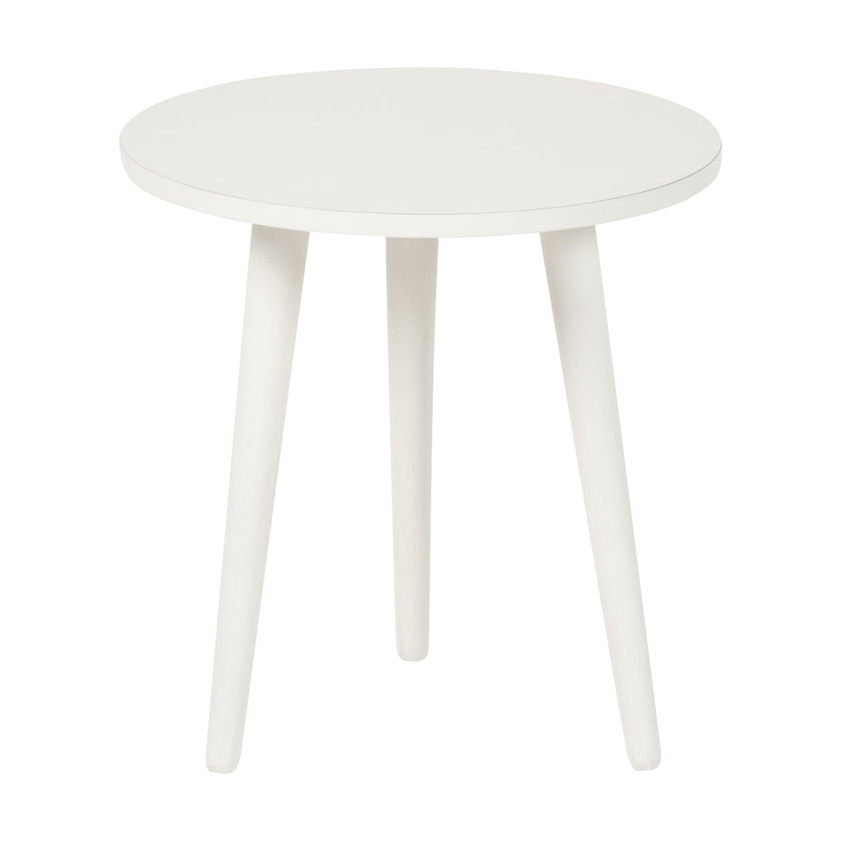 Croft Linen Pine Side Table, 42cm, with a round white top and three tapered wooden legs, shown on a plain white background.