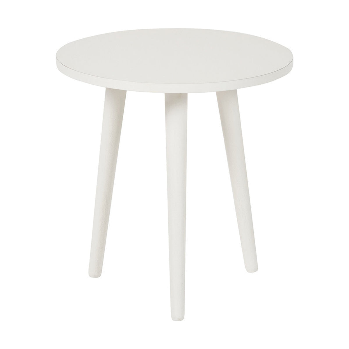 Croft Linen Pine Side Table, 42cm, round white wood top with three angled tapered legs, shown on a plain white background.