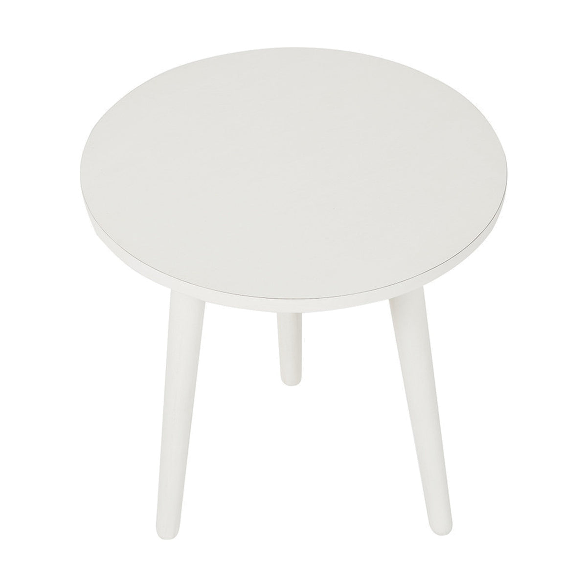 Croft Linen Pine Side Table, 42cm, round white wooden top with three tapered splayed legs, shown on a plain white background.