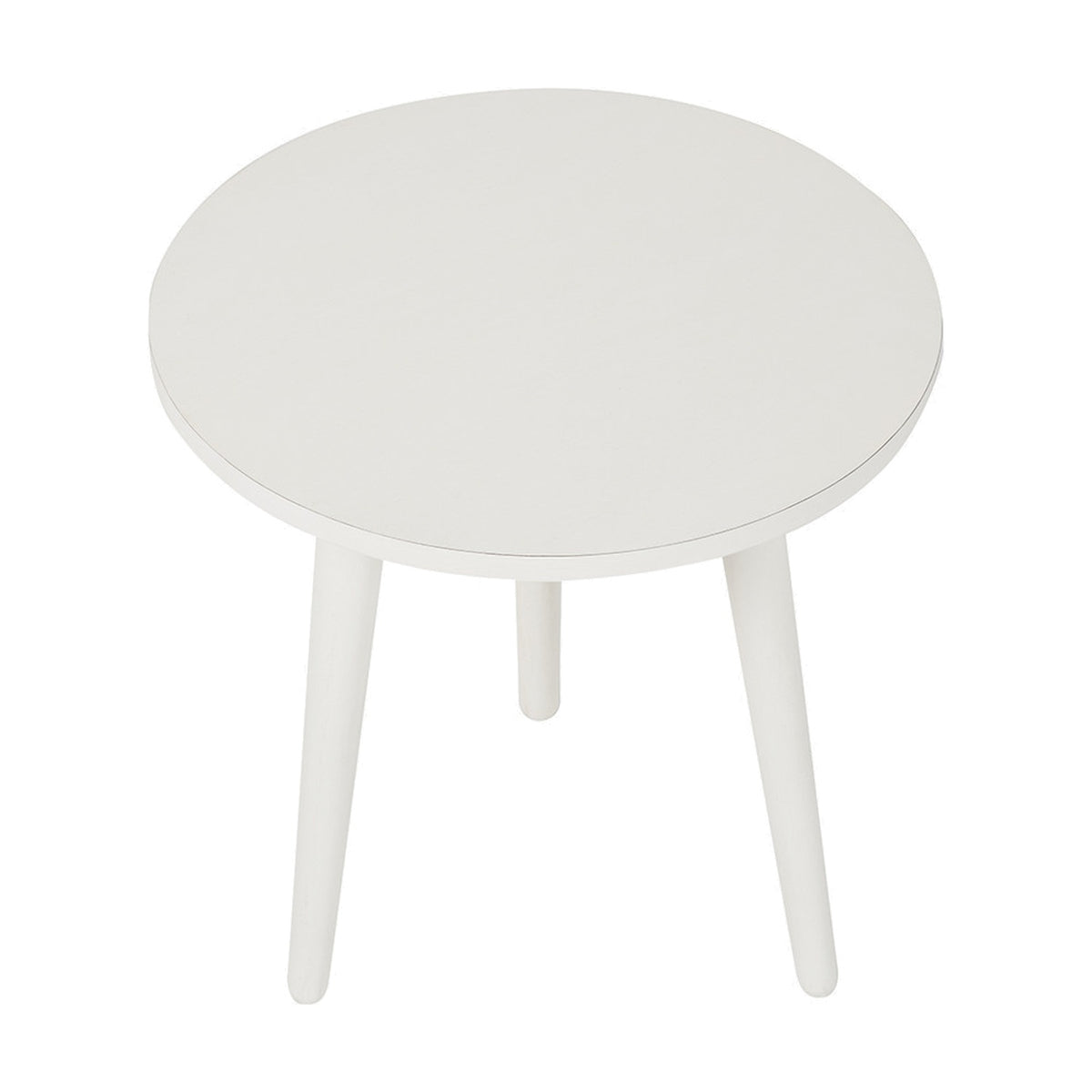Croft Linen Pine Side Table, 42cm, with a round white wooden top and three tapered legs, shown on a plain white background.