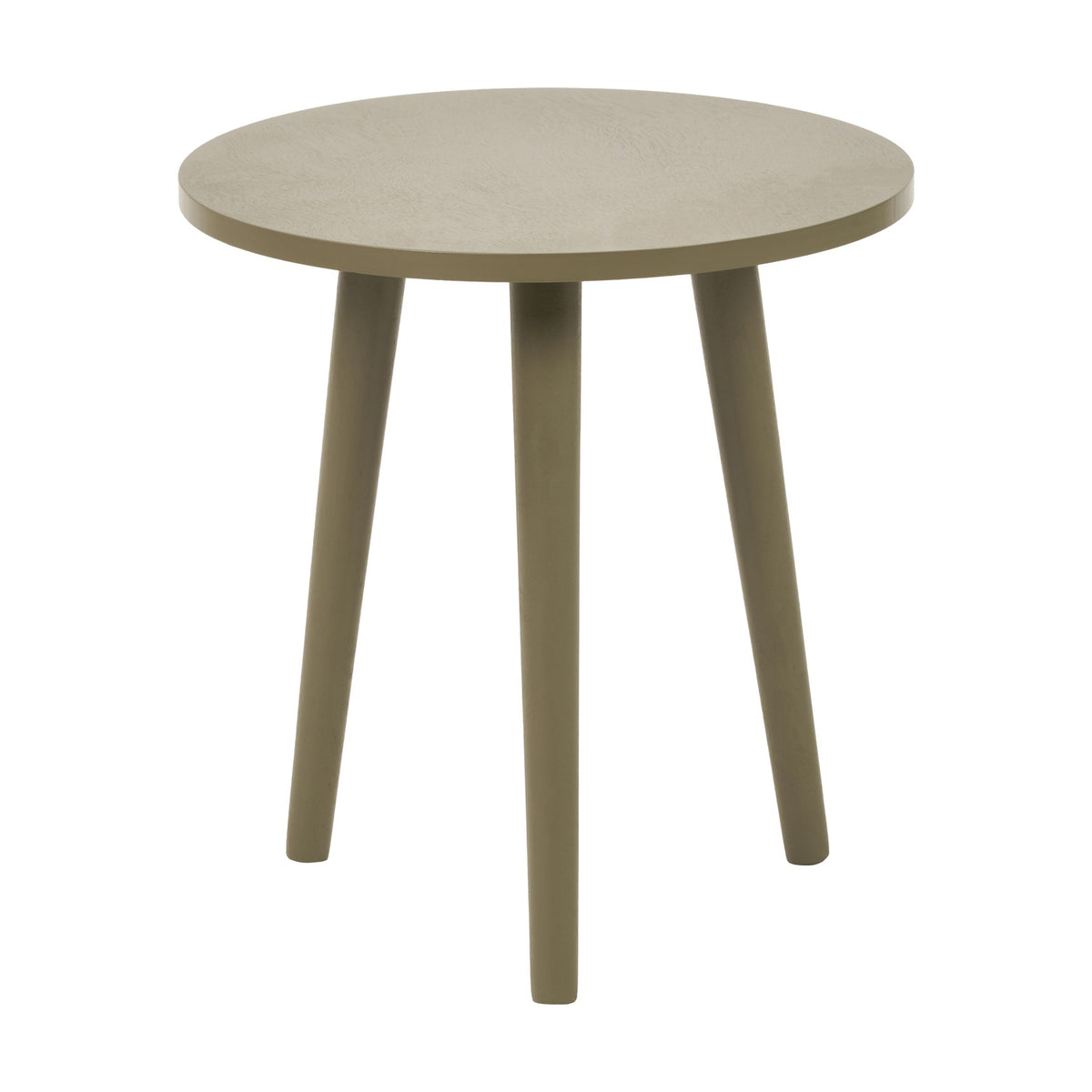 Round olive green side table with a solid pine top and three tapered splayed legs, 42cm tall, shown on a plain white background.