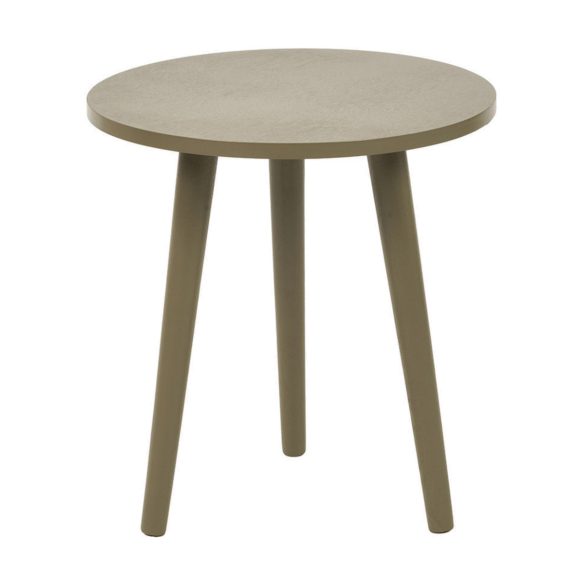 Croft Olive Pine Side Table, 42cm, round wood top on three splayed legs in olive green finish, shown on a plain white background.