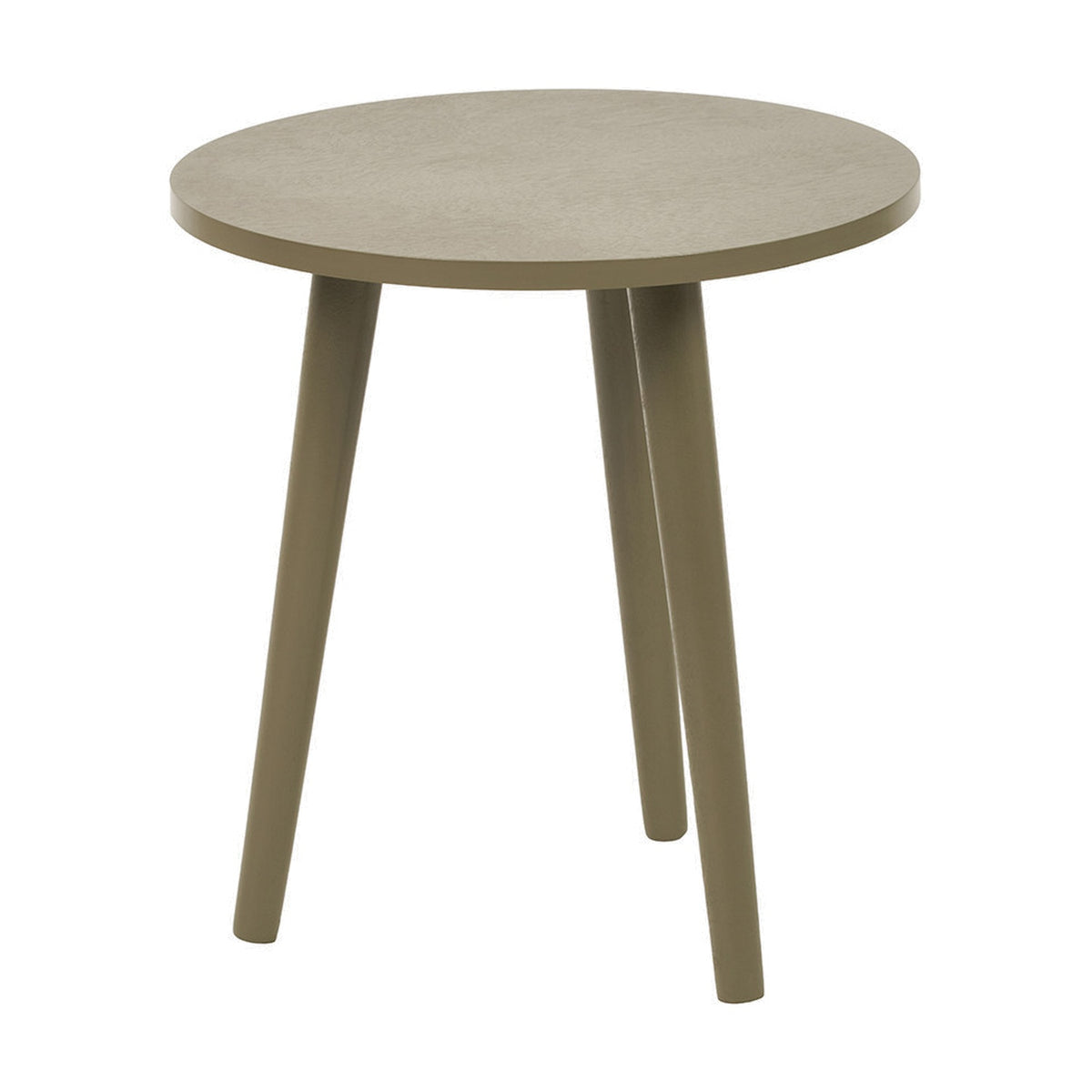 Croft Olive Pine Side Table, 42cm, round wood top on three splayed legs, olive green finish, plain white background.