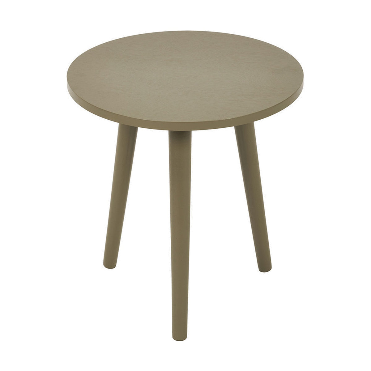 Croft Olive Pine Side Table, 42cm, with round wooden top and three tapered splayed legs in an olive green finish, shown on a plain white background.