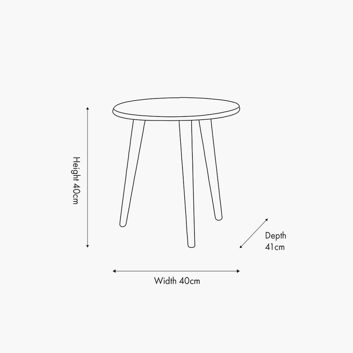 Line drawing of the Croft Olive Pine Side Table showing a round top on three tapered splayed legs, with height 40cm, width 40cm and depth 41cm labelled.