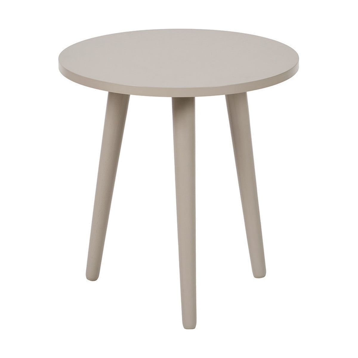 Devonshire Putty Pine Side Table, 42cm, with a round wood top in putty beige and three splayed tapered legs, shown on a plain white background.