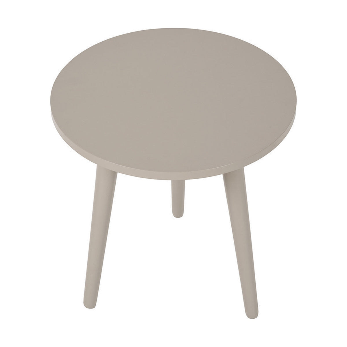 Devonshire Putty Pine Side Table, 42cm, round wood top in a beige/putty finish with three angled tapered legs, shown on a plain white background.