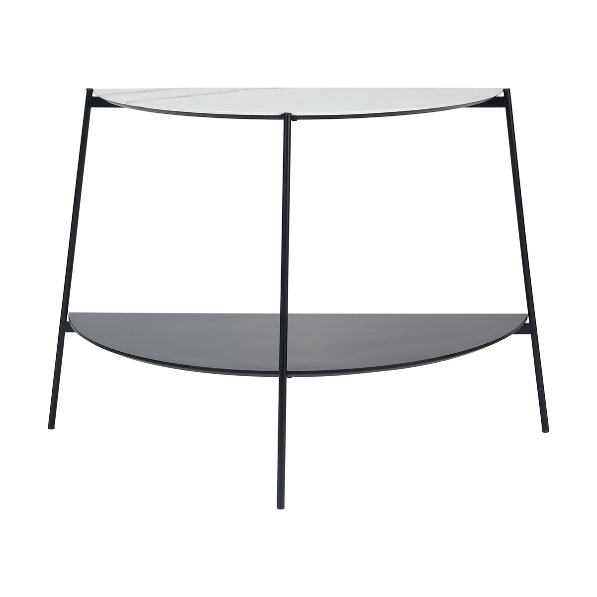 Marchello console table with white marble veneer half-moon top, black iron frame, black lower shelf, and slanted angular legs, shown on a plain white background.