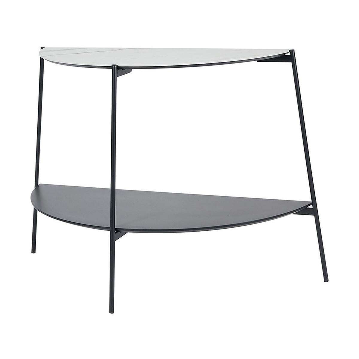 Marchello console table with a half-moon white marble veneer top, black lower shelf, and slim angled black iron legs, shown on a plain white background.