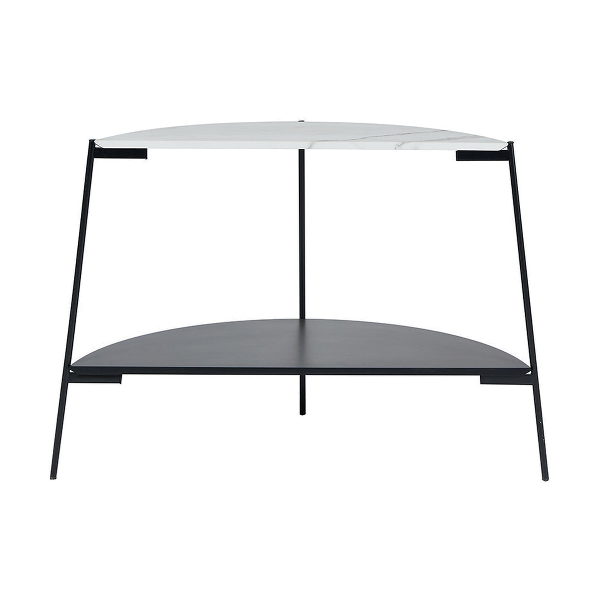 Marchello console table with white marble veneer top and black iron frame, featuring a curved lower shelf and slim angled legs, shown on a plain white background.