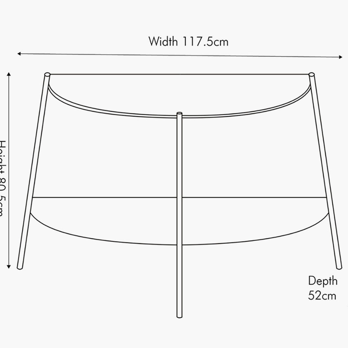 Line drawing of the Marchello console table with slanted black legs and curved top and shelf, labelled with dimensions: width 117.5cm, depth 52cm, height 80.5cm.