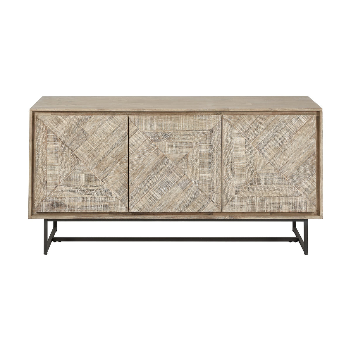 Marca Sand Wash Acacia & Black Iron 3 Door Sideboard, 80cm, with geometric parquet-style doors, wood grain finish and black metal legs on a plain white background.