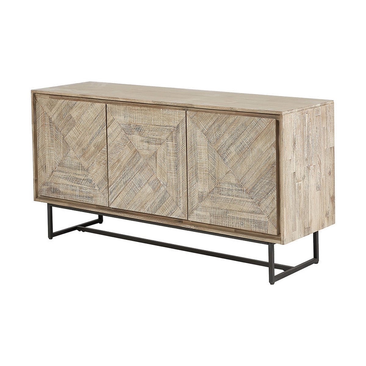 Marca Sand Wash Acacia sideboard with 3 geometric-panelled wood doors and black metal legs, shown at an angle on a plain white background.