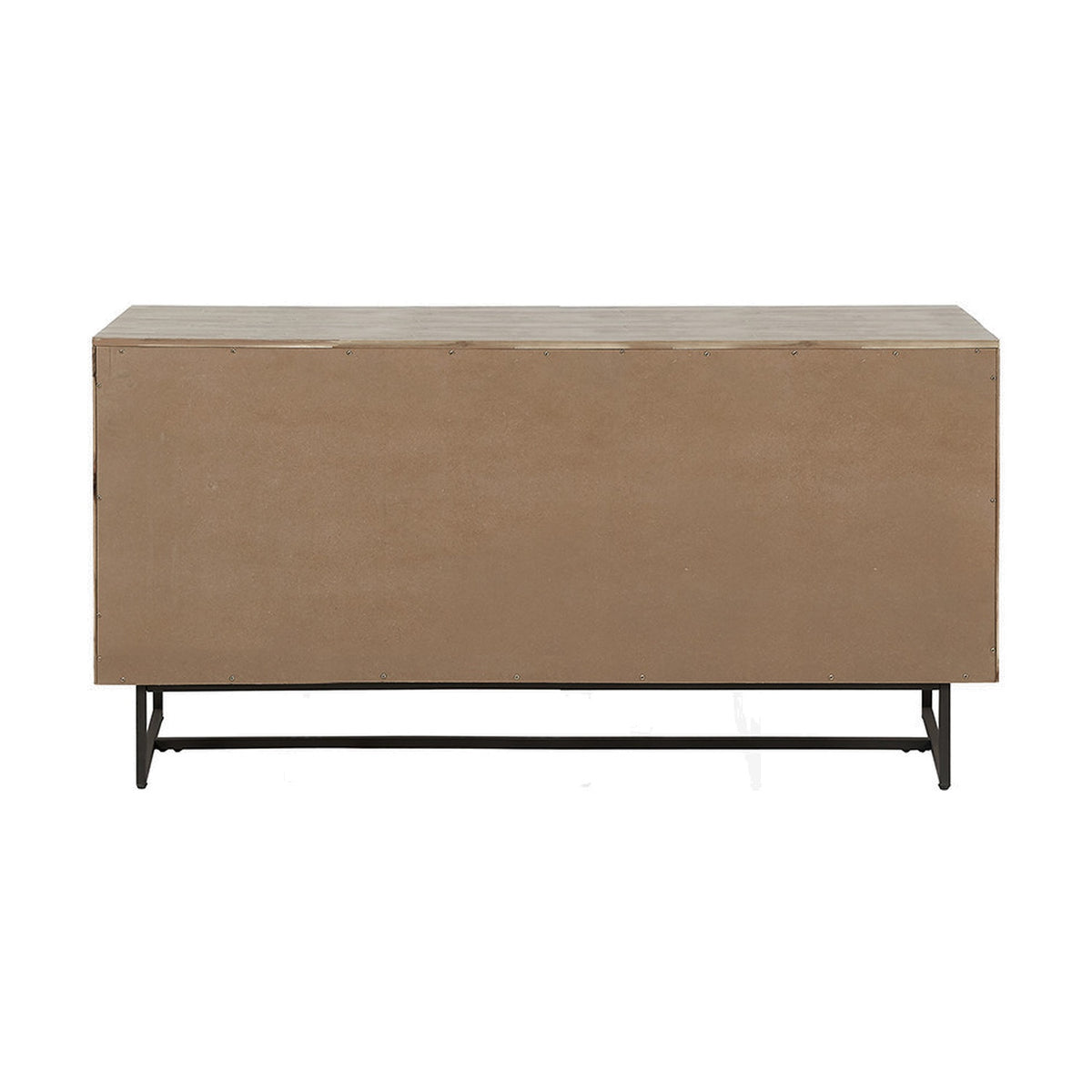 Rear view of the Marca sand wash acacia sideboard showing a plain wood-toned back panel and black iron frame legs on a white background.