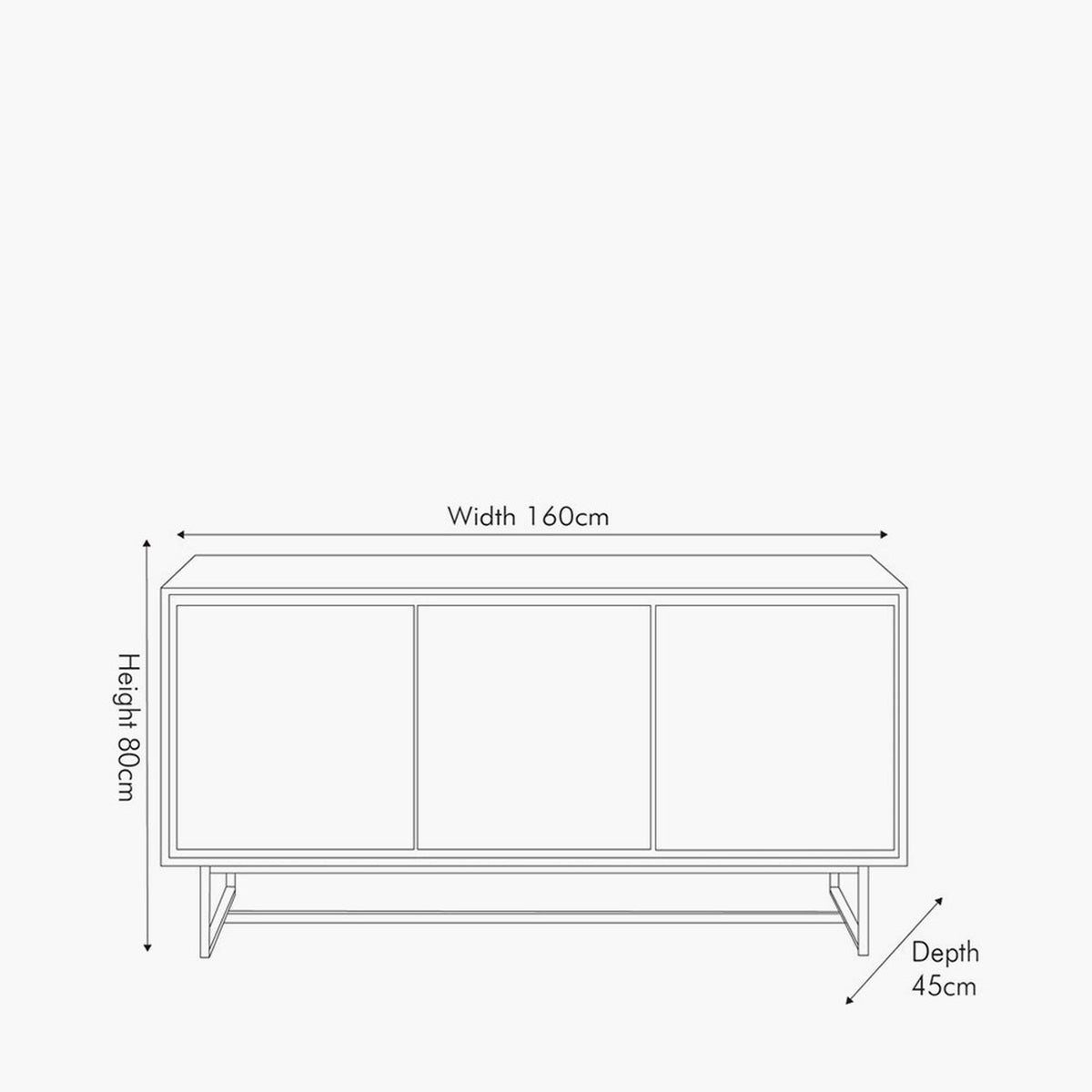 Line drawing of the Marca 3 door sideboard showing dimensions: 160cm width, 80cm height, and 45cm depth, on a plain white background.