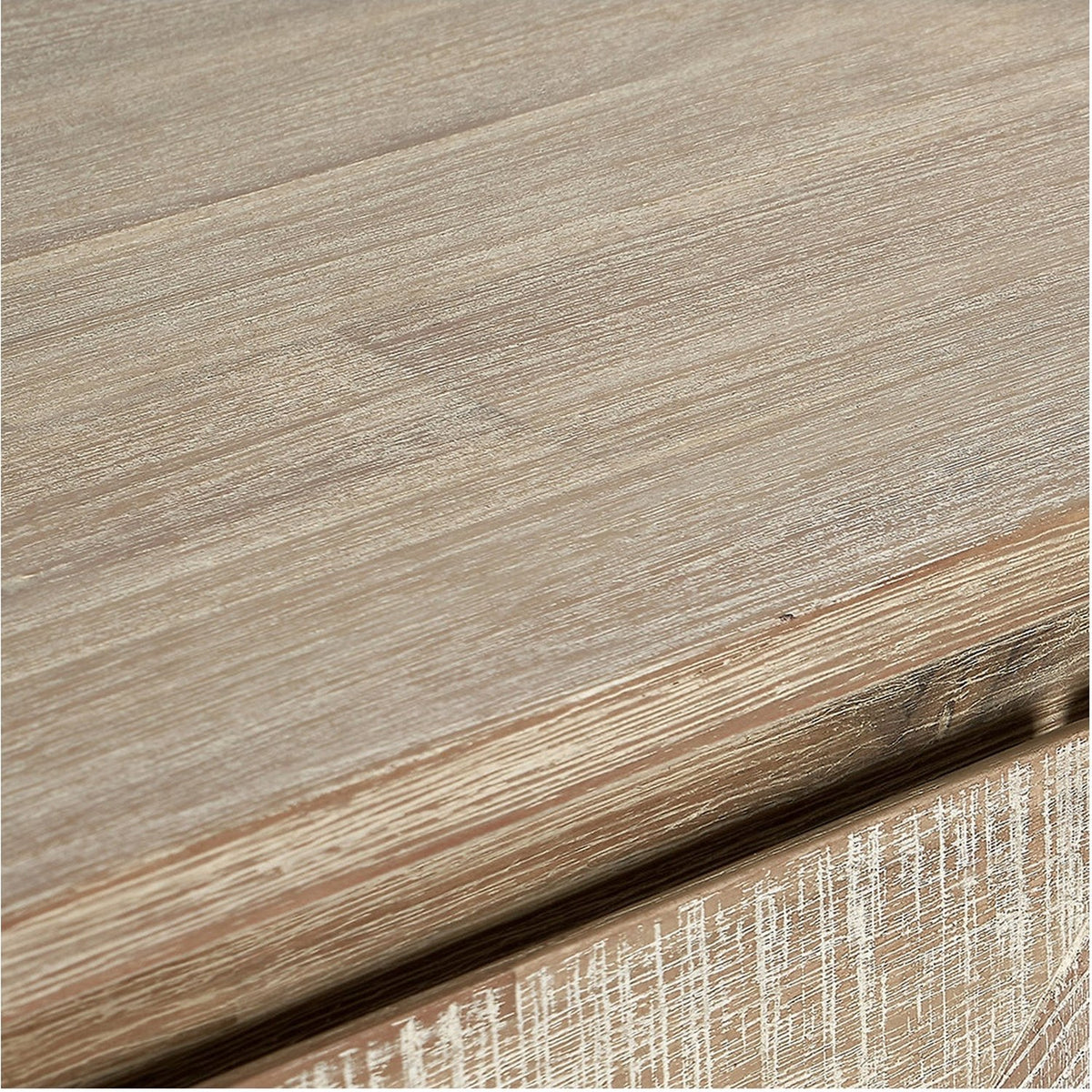 Close-up of the sand wash acacia wood top on the Marca 3 door sideboard, showing natural grain texture beside the black iron edge detailing.