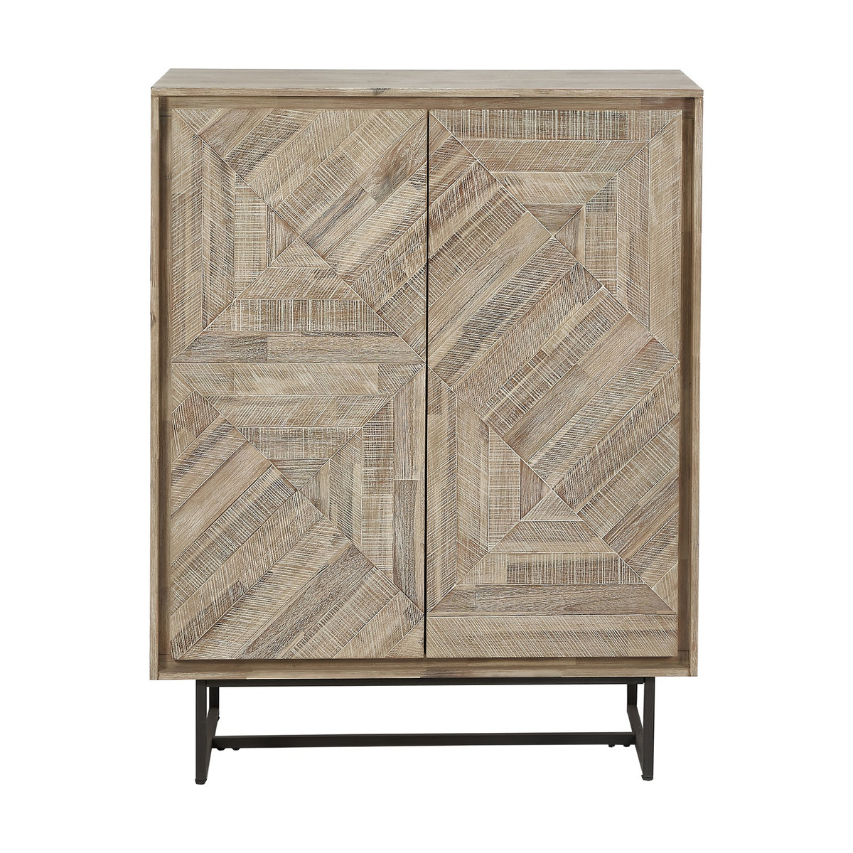 Marca Sand Wash Acacia & Black Iron 2 Door Bar Cabinet, wood cabinet with geometric parquet door panels and black metal base, on a plain white background.