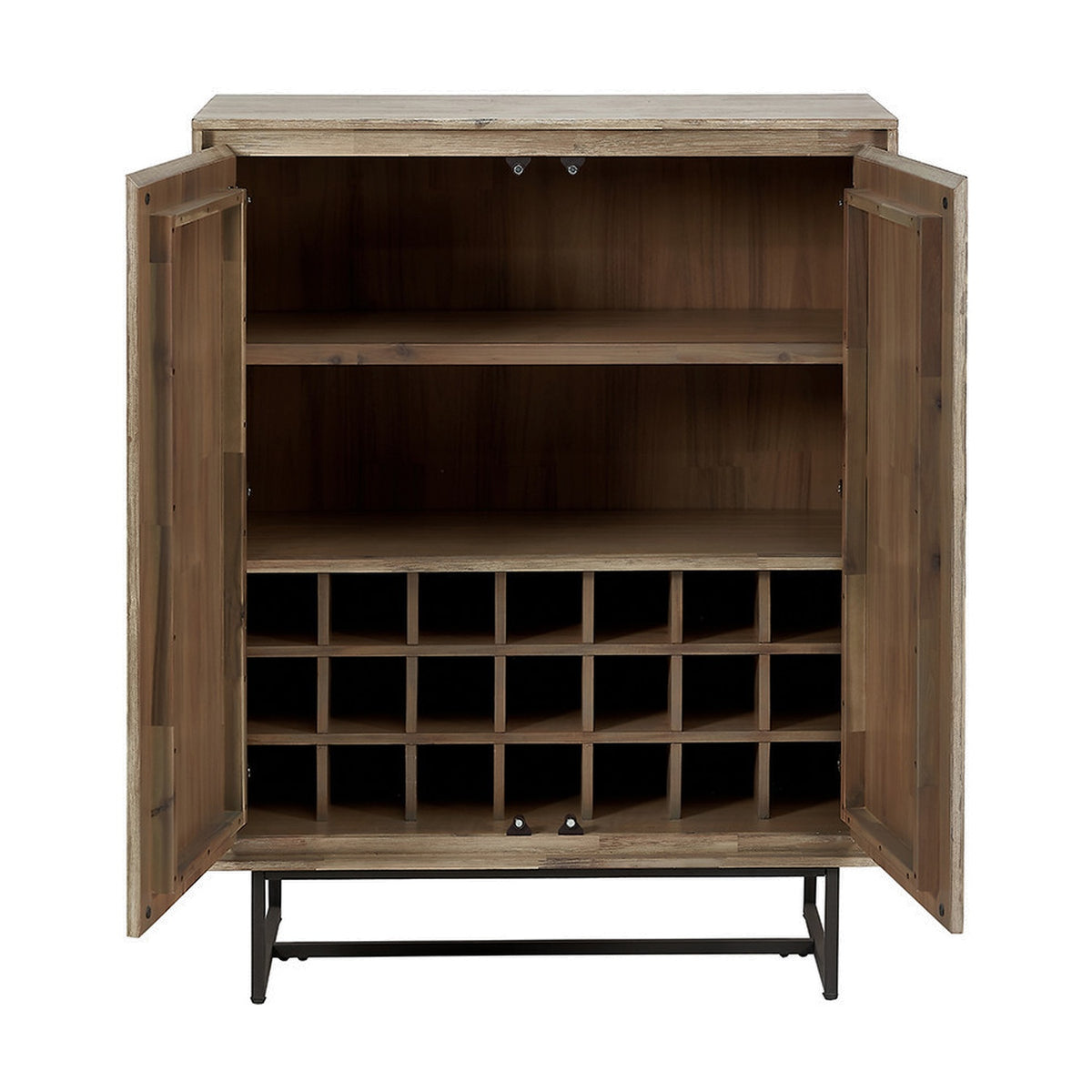 Marca sand wash acacia and black iron 2-door bar cabinet, 128cm, open doors revealing two shelves and a diamond-shaped wine rack, on a metal base against a plain white background.